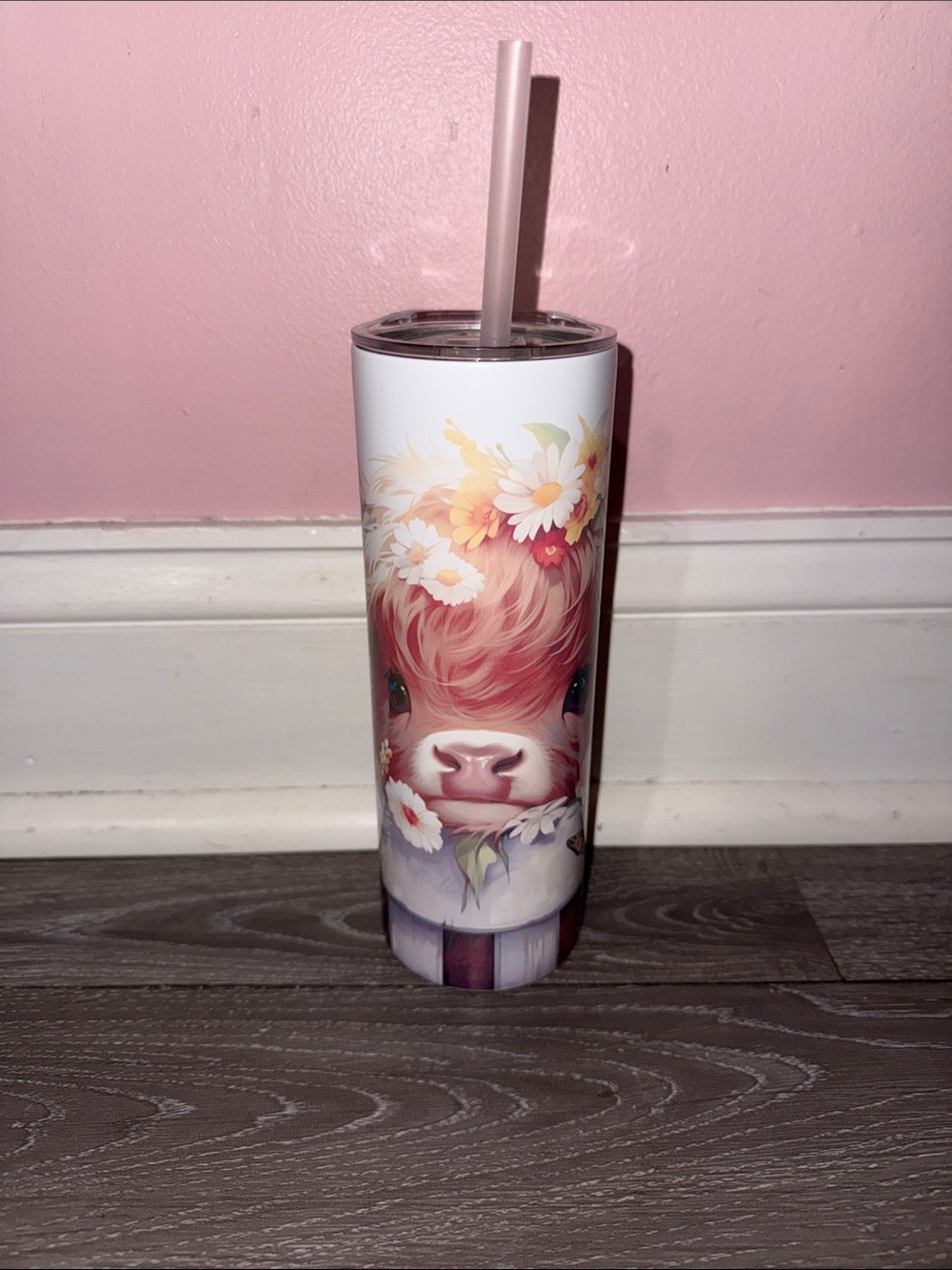 Pink Floral Highland Cow Stainless Tumbler with Straw